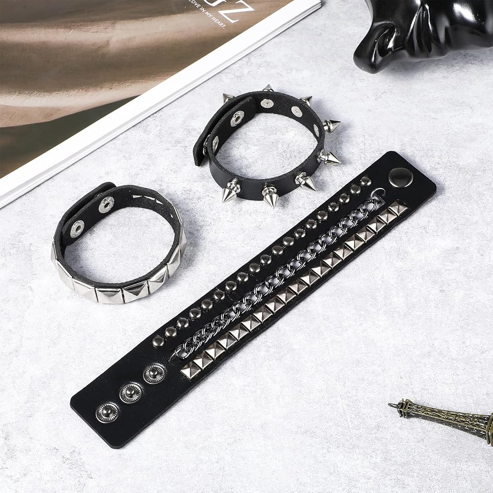 Telooco 3Pcs Punk Rock Leather Bracelet Black Studded